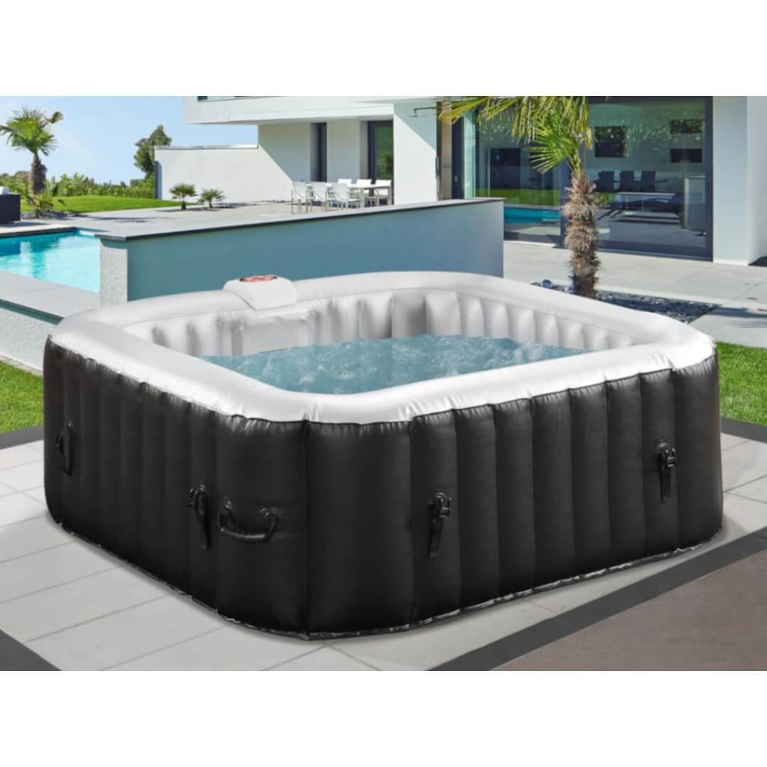 Spa gonflable carré 6 places B-COSY- Jacuzzi - L185 x P185 x H65 cm - 140 buses d'air - 910L - Noir et gris