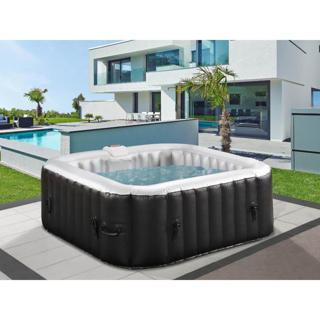 Spa gonflable carré 6 places B-COSY- Jacuzzi - L185 x P185 x H65 cm - 140 buses d'air - 910L - Noir et gris
