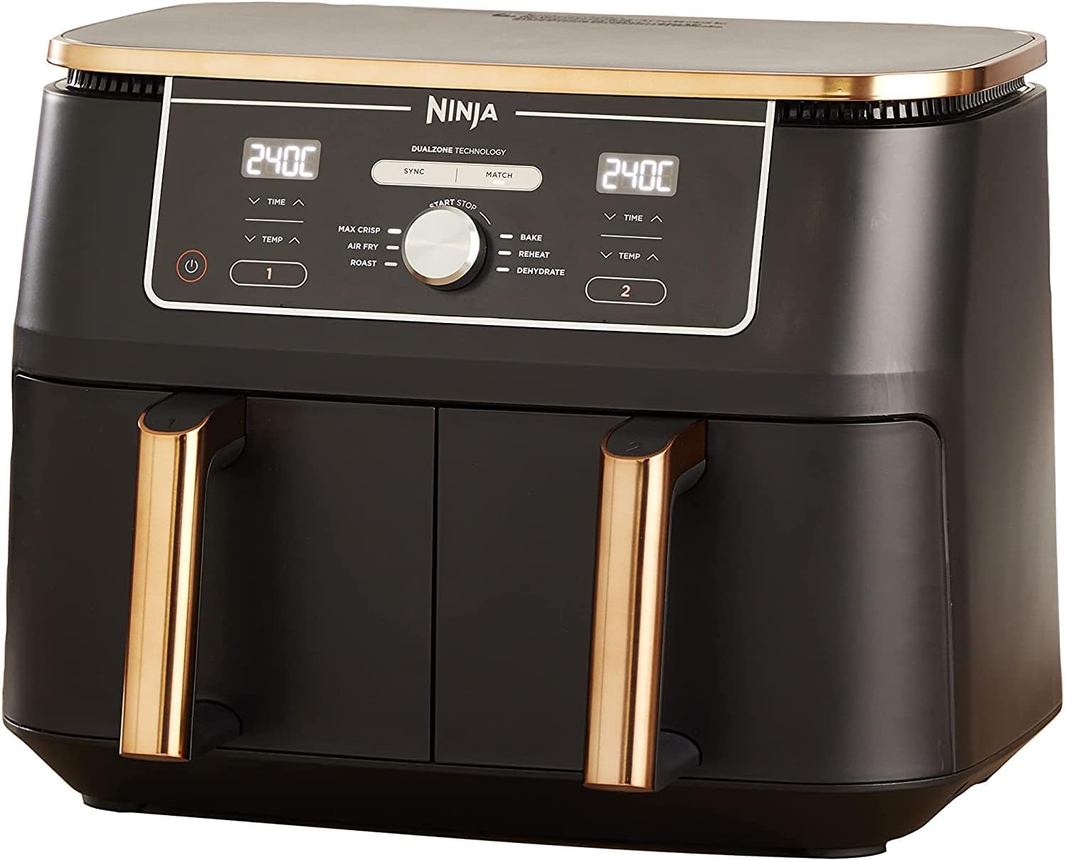 NINJA Foodi MAX Dual Zone Air Fryer, 2 Tiroirs, 9,5L, 6-en-1, Sans Huile, Air Fry, Max Crisp, Rôtir, Cuire, Paniers Anti-adhésifs Lavables Au Lave-Vaisselle, Cuivre/Noir