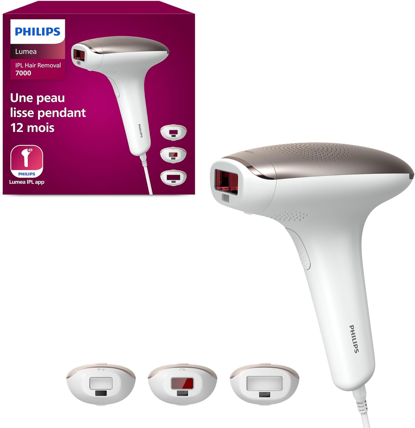Philips Lumea série 7000, Épilateur à lumière pulsée, alternative à l'épilation laser, 3 embouts pour le corps, le visage et le maillot, modèle SC1999/00