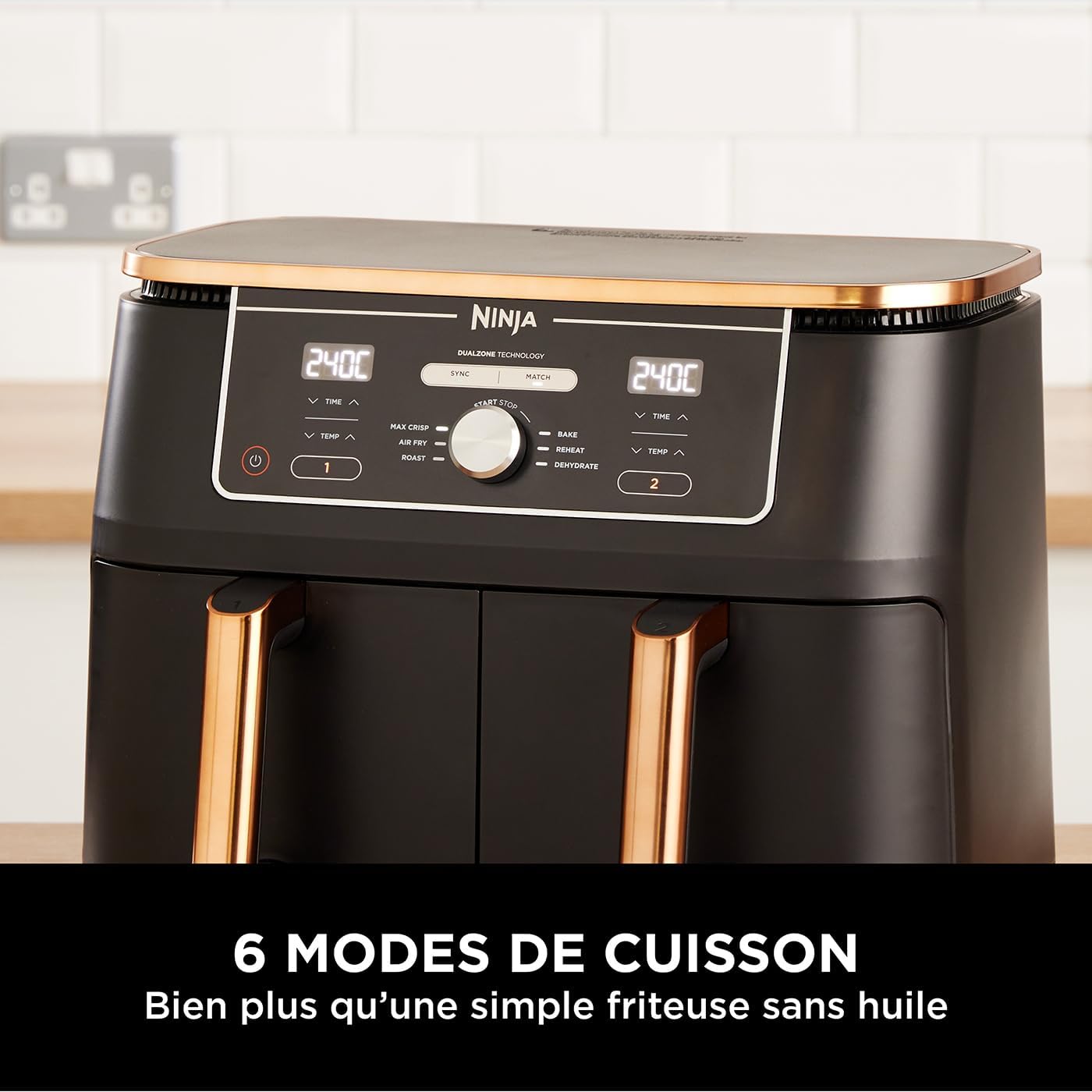 NINJA Foodi MAX Dual Zone Air Fryer, 2 Tiroirs, 9,5L, 6-en-1, Sans Huile, Air Fry, Max Crisp, Rôtir, Cuire, Paniers Anti-adhésifs Lavables Au Lave-Vaisselle, Cuivre/Noir