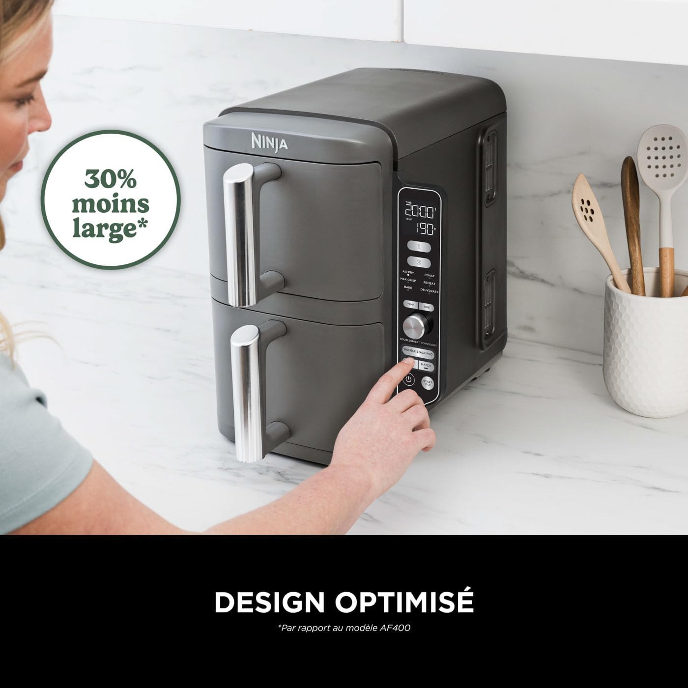 Ninja Double Stack XL Friteuse sans huile, friteuse verticale à 2 tiroirs, 4 niveaux cuisson, 2 tiroirs et 2 grilles, design compact, capacité de 9,5L, 6 fonctions de cuisson, 8 portions