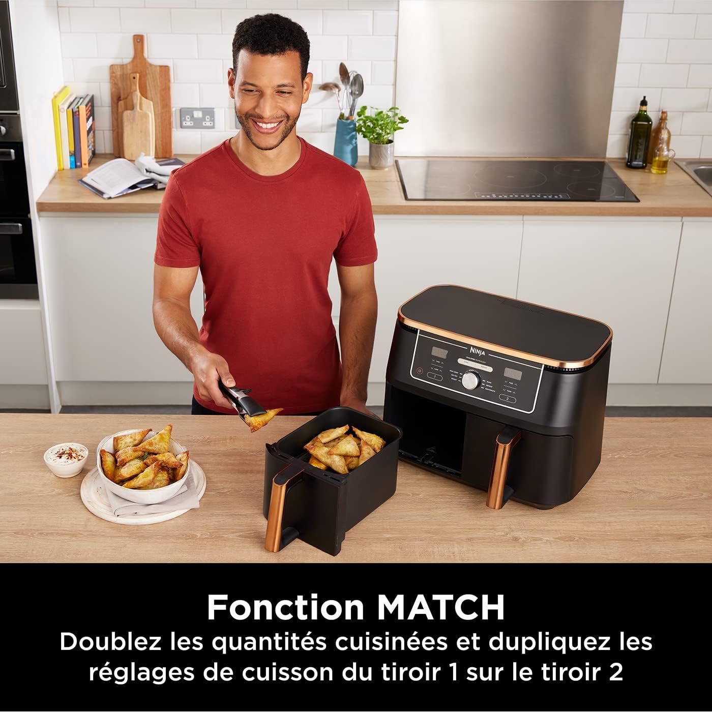 NINJA Foodi MAX Dual Zone Air Fryer, 2 Tiroirs, 9,5L, 6-en-1, Sans Huile, Air Fry, Max Crisp, Rôtir, Cuire, Paniers Anti-adhésifs Lavables Au Lave-Vaisselle, Cuivre/Noir