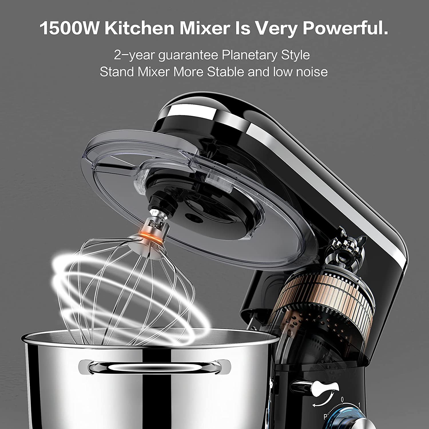 Robot Pâtissier 1500W, 6 Vitesses Robot pétrin multifonction avec Bol 6.2L