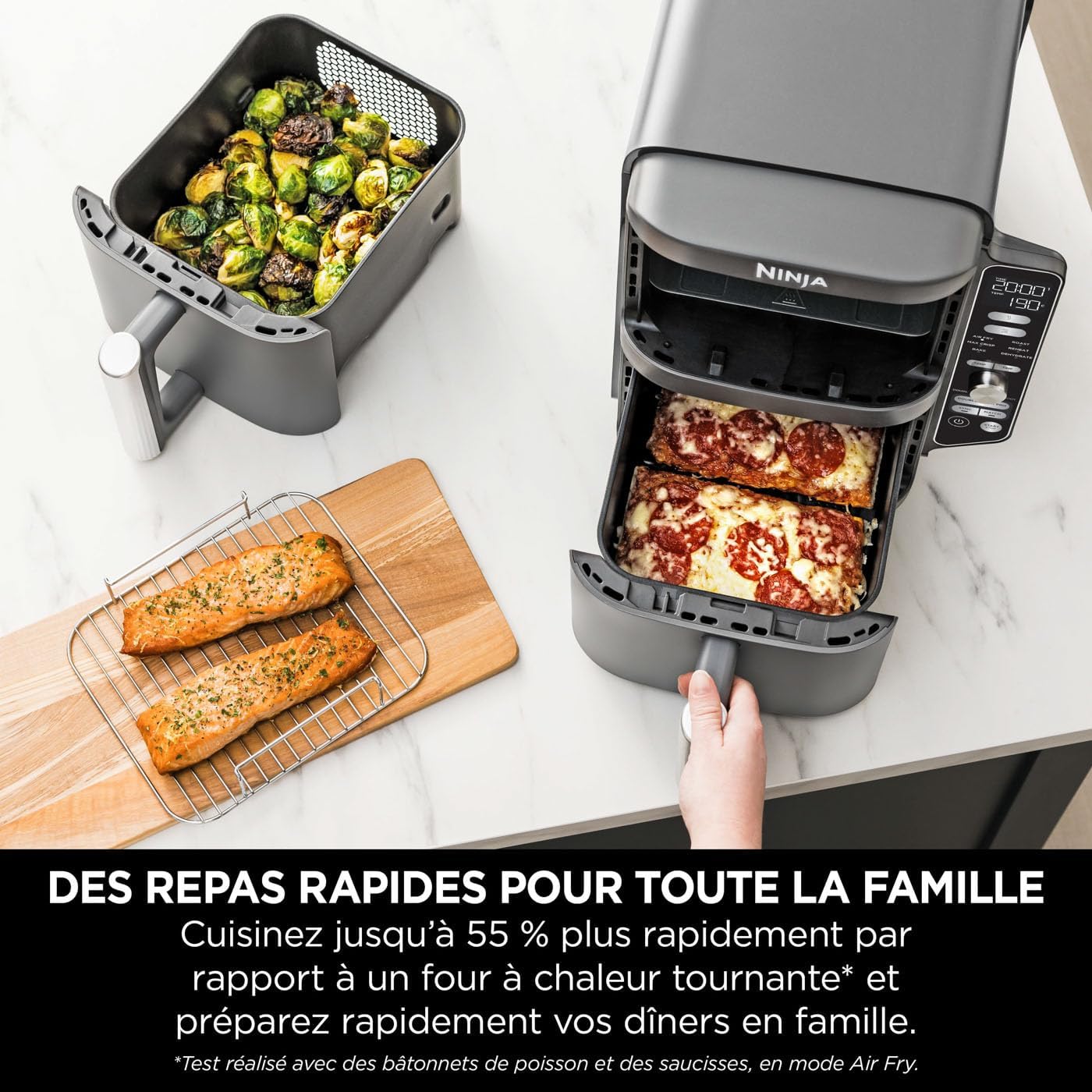 Ninja Double Stack XL Friteuse sans huile, friteuse verticale à 2 tiroirs, 4 niveaux cuisson, 2 tiroirs et 2 grilles, design compact, capacité de 9,5L, 6 fonctions de cuisson, 8 portions