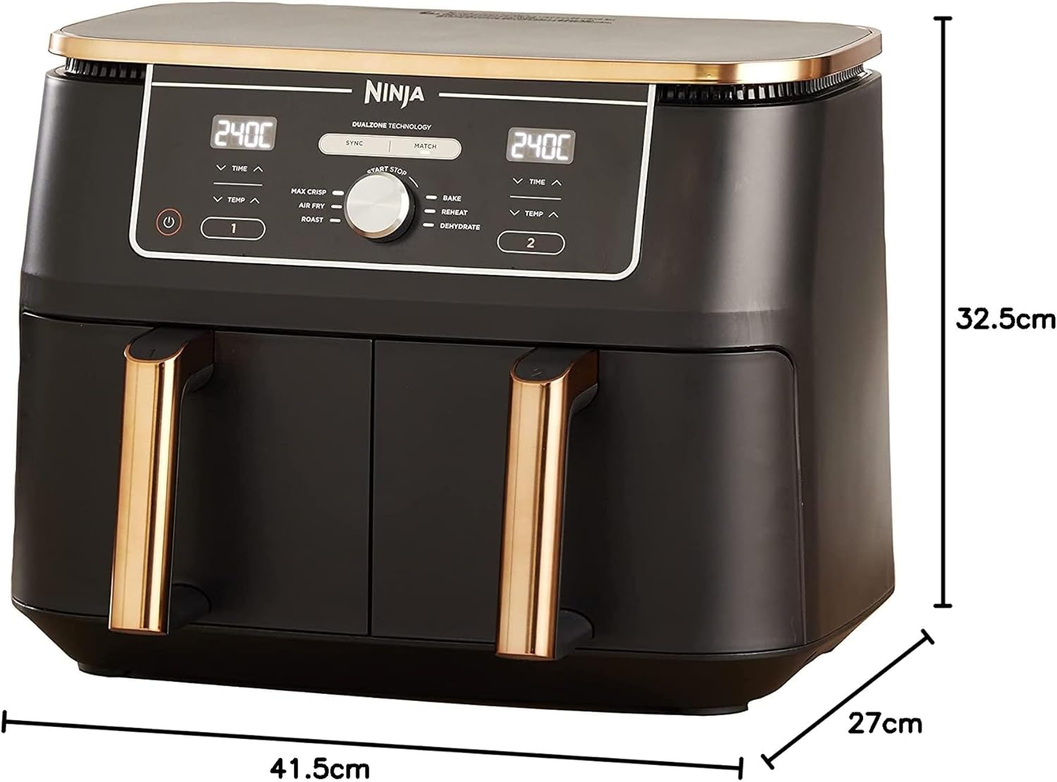 NINJA Foodi MAX Dual Zone Air Fryer, 2 Tiroirs, 9,5L, 6-en-1, Sans Huile, Air Fry, Max Crisp, Rôtir, Cuire, Paniers Anti-adhésifs Lavables Au Lave-Vaisselle, Cuivre/Noir