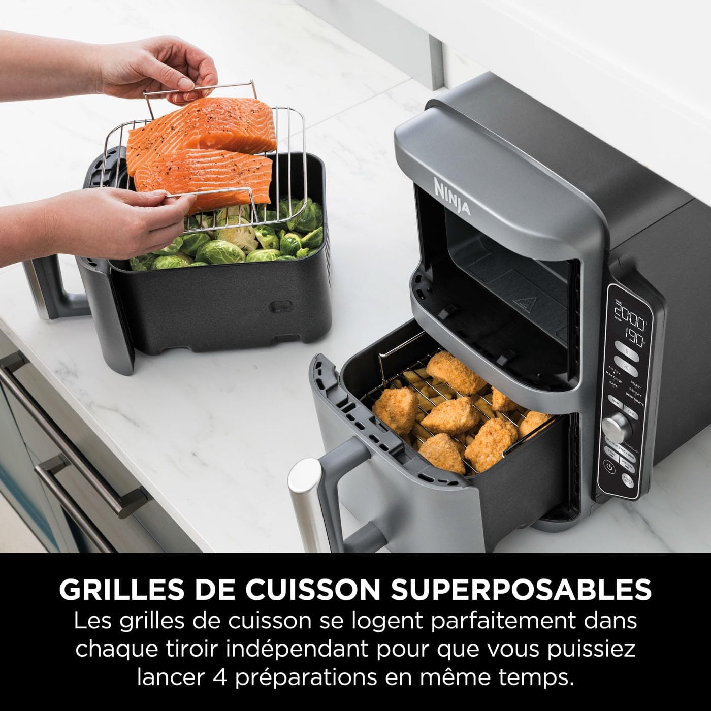 Ninja Double Stack XL Friteuse sans huile, friteuse verticale à 2 tiroirs, 4 niveaux cuisson, 2 tiroirs et 2 grilles, design compact, capacité de 9,5L, 6 fonctions de cuisson, 8 portions