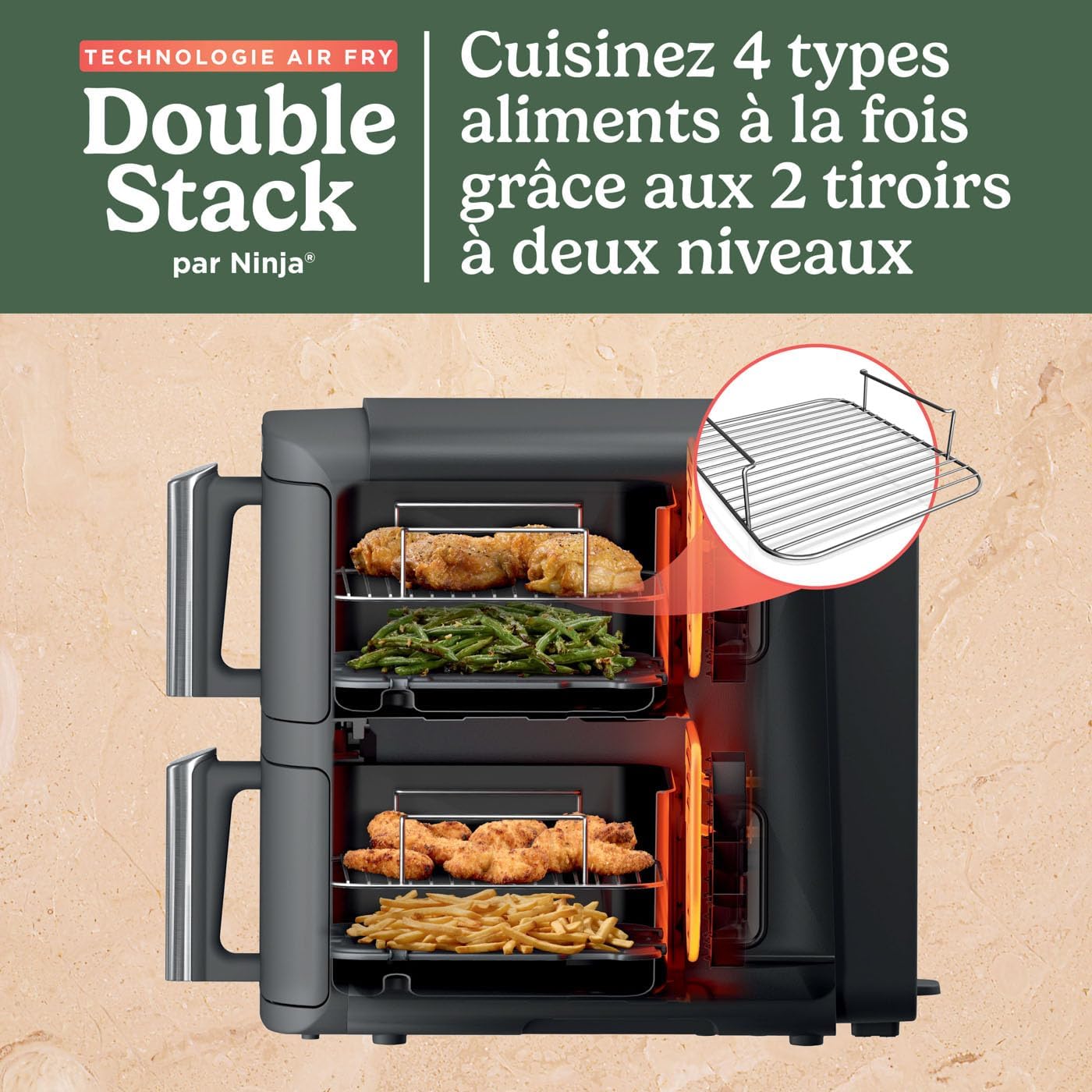 Ninja Double Stack XL Friteuse sans huile, friteuse verticale à 2 tiroirs, 4 niveaux cuisson, 2 tiroirs et 2 grilles, design compact, capacité de 9,5L, 6 fonctions de cuisson, 8 portions
