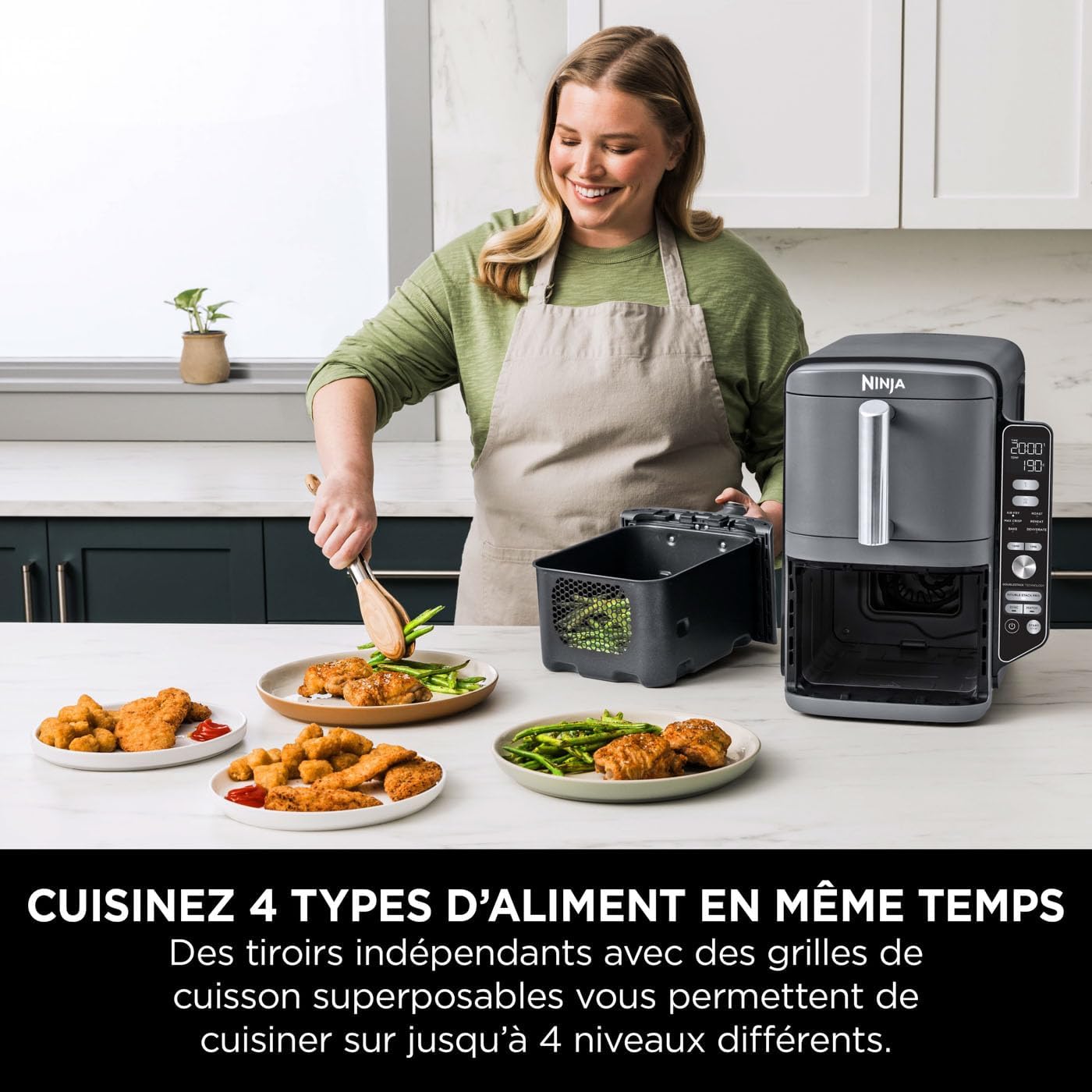 Ninja Double Stack XL Friteuse sans huile, friteuse verticale à 2 tiroirs, 4 niveaux cuisson, 2 tiroirs et 2 grilles, design compact, capacité de 9,5L, 6 fonctions de cuisson, 8 portions