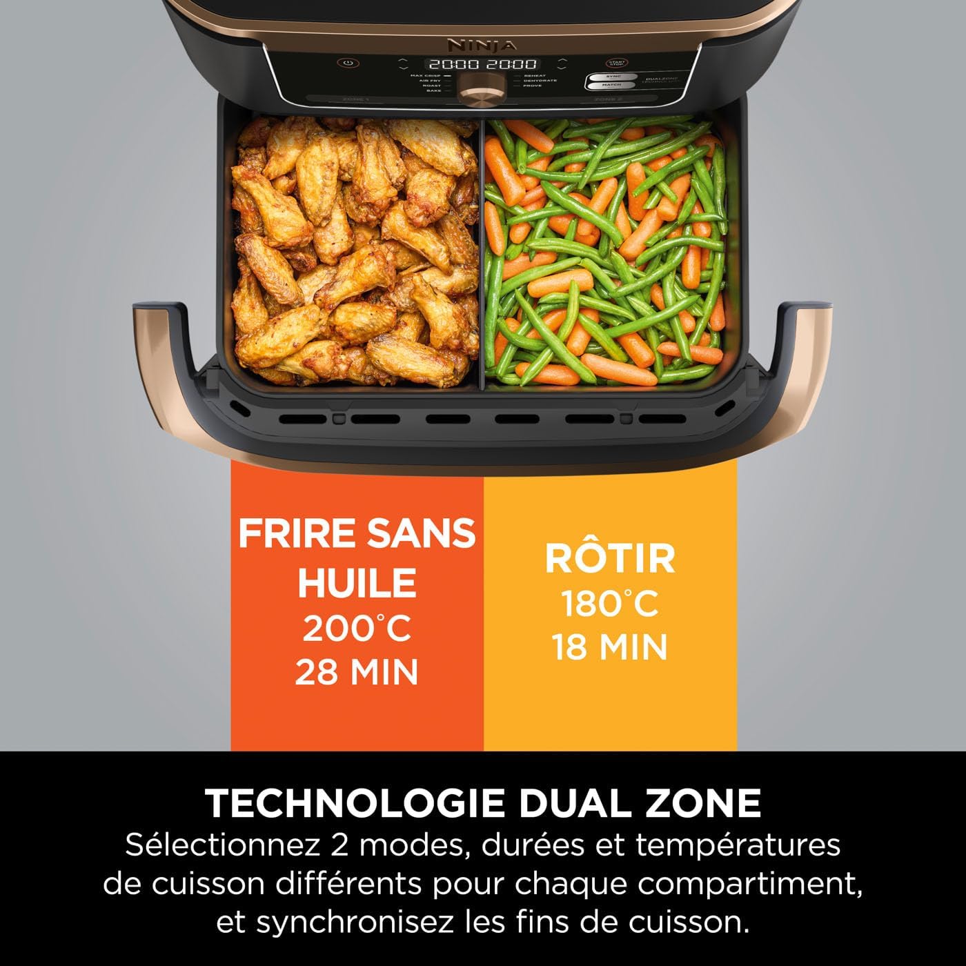 NINJA Foodi FlexDrawer Air Fryer, Dual Zone Avec Séparateur Amovible, Grand Tiroir de 10.4 L, 7-en-1, Double Zone, Pièces Antiadhésives Compatibles Au Lave-Vaisselle, Noir & Cuivre, AF500EUCP