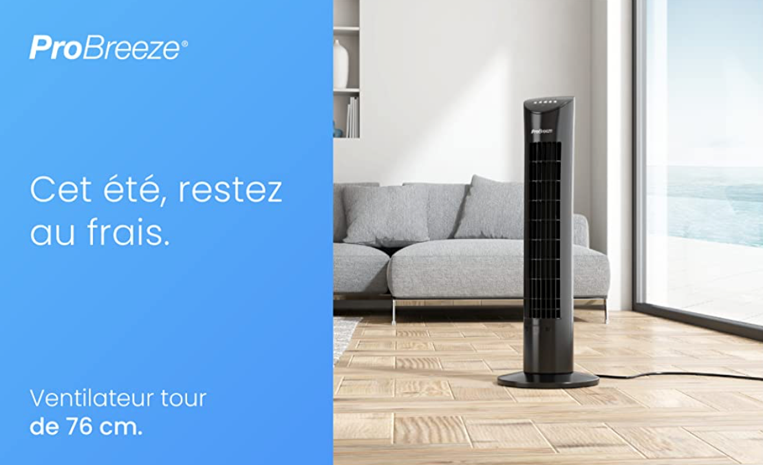 Ventilateur Colonne Oscillante, Tour de 79 cm, Oscillation 70°, 60 Watts, 3 Vitesses - Télécommande et Minuterie, Programmable