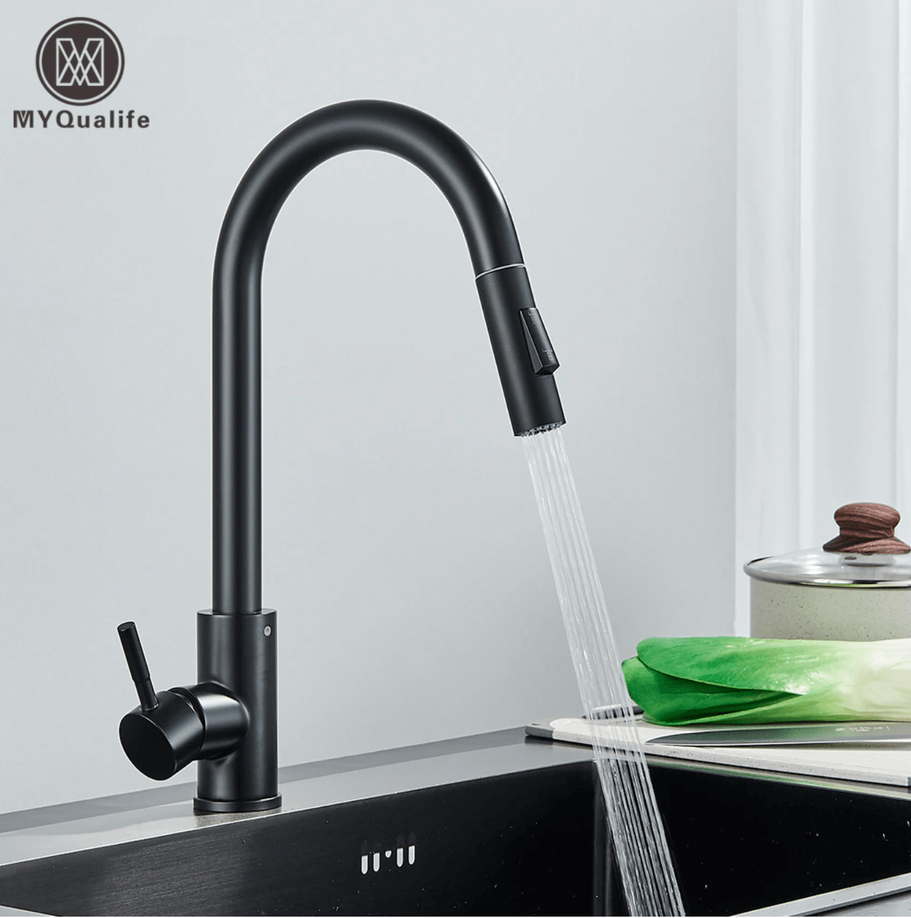 Robinet de cuisine noir à une poignée, mitigeur extractible à deux fonctions, robinets d'eau chaude et froide montés sur le pont