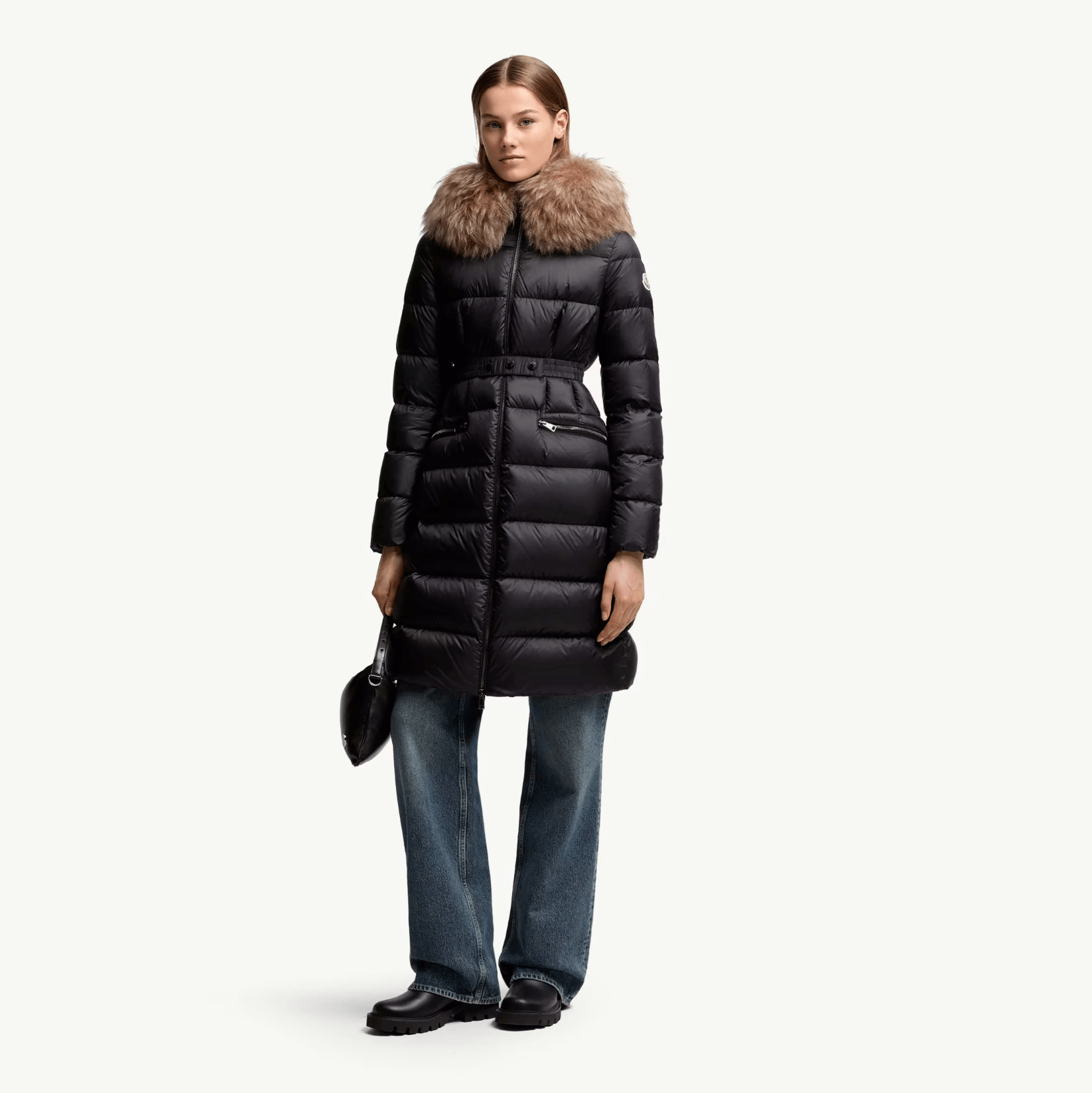 Doudoune Moncler longue à capuche bordée de shearling Boedic