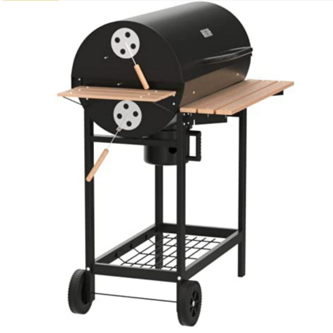 Barbecue Chariot - BBQ au charbon de bois à roulette avec couvercle / plateau de bois