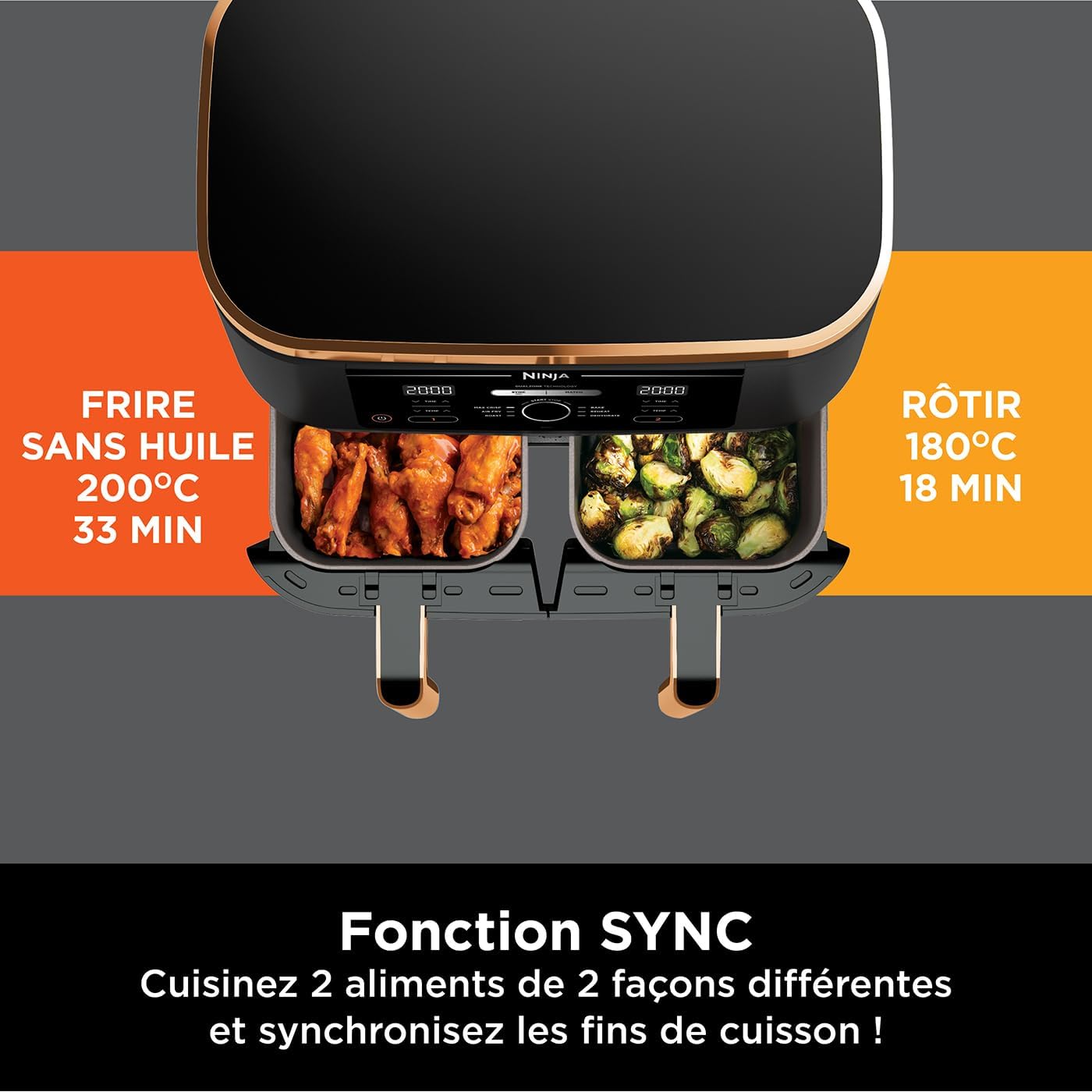 NINJA Foodi MAX Dual Zone Air Fryer, 2 Tiroirs, 9,5L, 6-en-1, Sans Huile, Air Fry, Max Crisp, Rôtir, Cuire, Paniers Anti-adhésifs Lavables Au Lave-Vaisselle, Cuivre/Noir