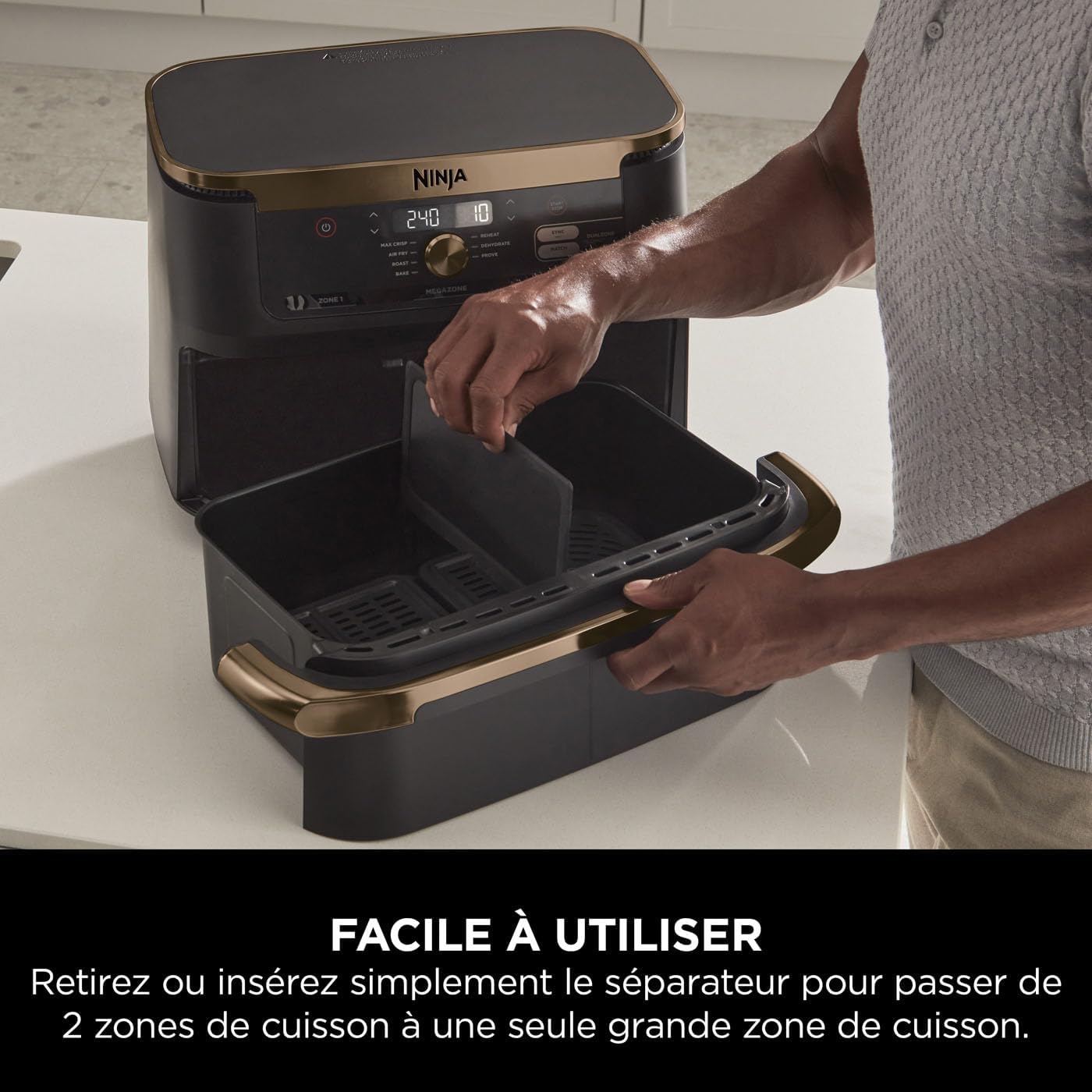 NINJA Foodi FlexDrawer Air Fryer, Dual Zone Avec Séparateur Amovible, Grand Tiroir de 10.4 L, 7-en-1, Double Zone, Pièces Antiadhésives Compatibles Au Lave-Vaisselle, Noir & Cuivre, AF500EUCP