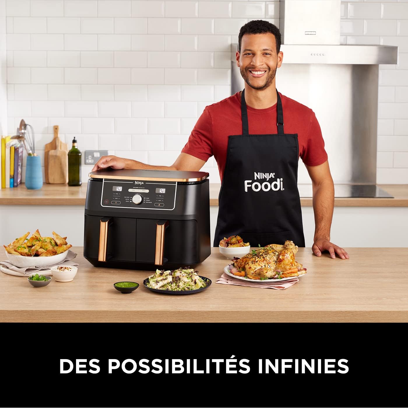 NINJA Foodi MAX Dual Zone Air Fryer, 2 Tiroirs, 9,5L, 6-en-1, Sans Huile, Air Fry, Max Crisp, Rôtir, Cuire, Paniers Anti-adhésifs Lavables Au Lave-Vaisselle, Cuivre/Noir