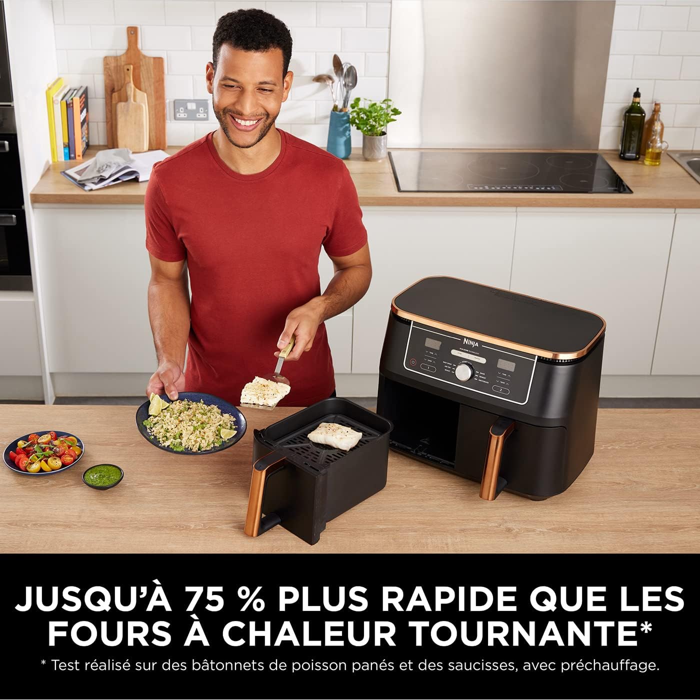 NINJA Foodi MAX Dual Zone Air Fryer, 2 Tiroirs, 9,5L, 6-en-1, Sans Huile, Air Fry, Max Crisp, Rôtir, Cuire, Paniers Anti-adhésifs Lavables Au Lave-Vaisselle, Cuivre/Noir