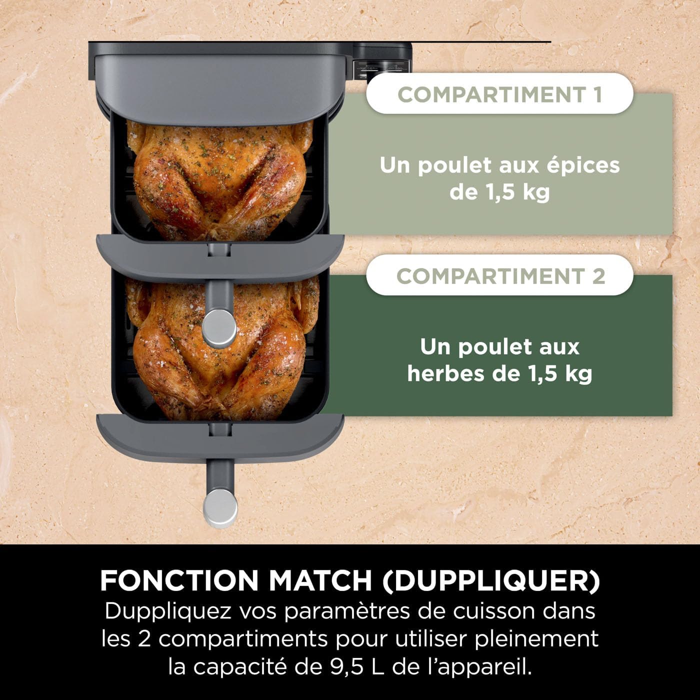Ninja Double Stack XL Friteuse sans huile, friteuse verticale à 2 tiroirs, 4 niveaux cuisson, 2 tiroirs et 2 grilles, design compact, capacité de 9,5L, 6 fonctions de cuisson, 8 portions