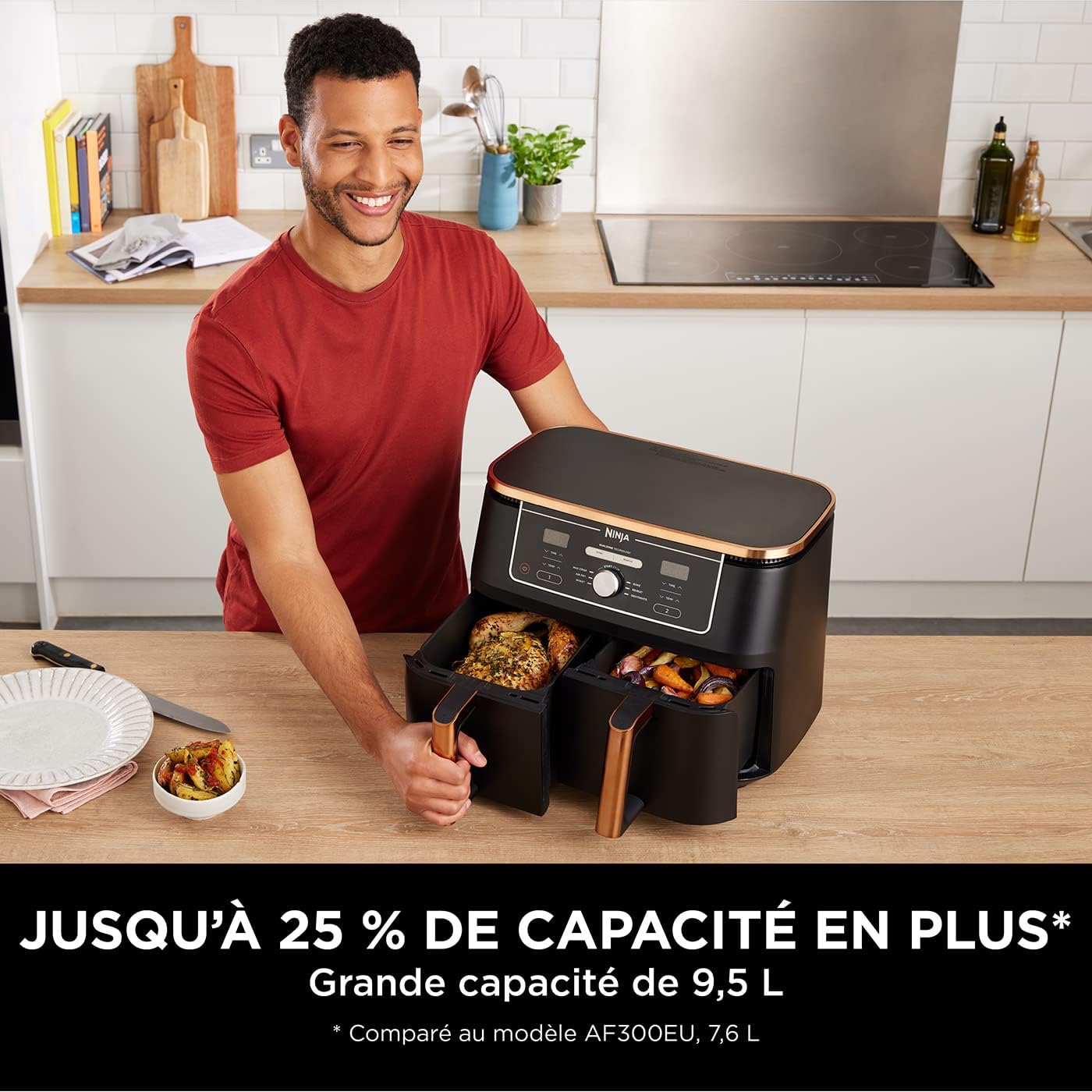 NINJA Foodi MAX Dual Zone Air Fryer, 2 Tiroirs, 9,5L, 6-en-1, Sans Huile, Air Fry, Max Crisp, Rôtir, Cuire, Paniers Anti-adhésifs Lavables Au Lave-Vaisselle, Cuivre/Noir