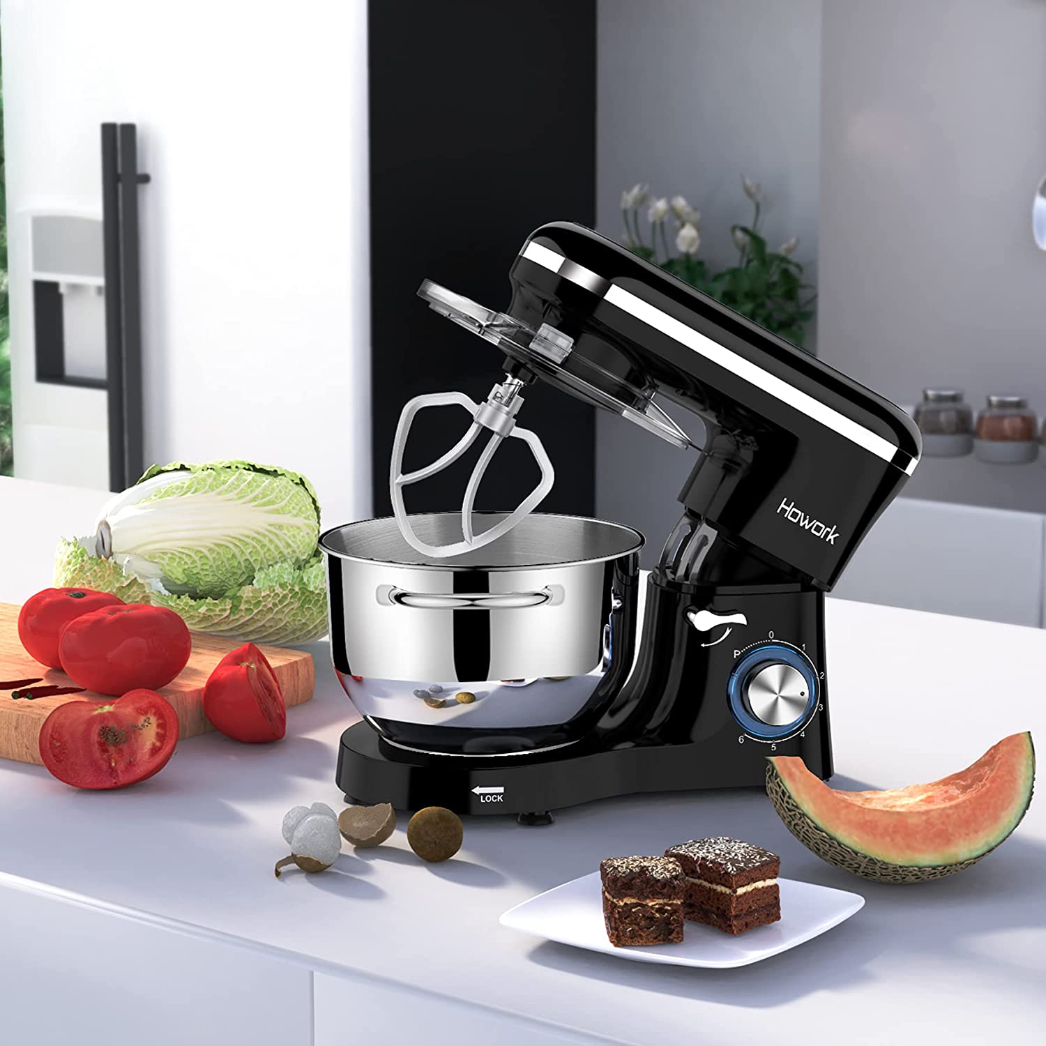 Robot Pâtissier 1500W, 6 Vitesses Robot pétrin multifonction avec Bol 6.2L
