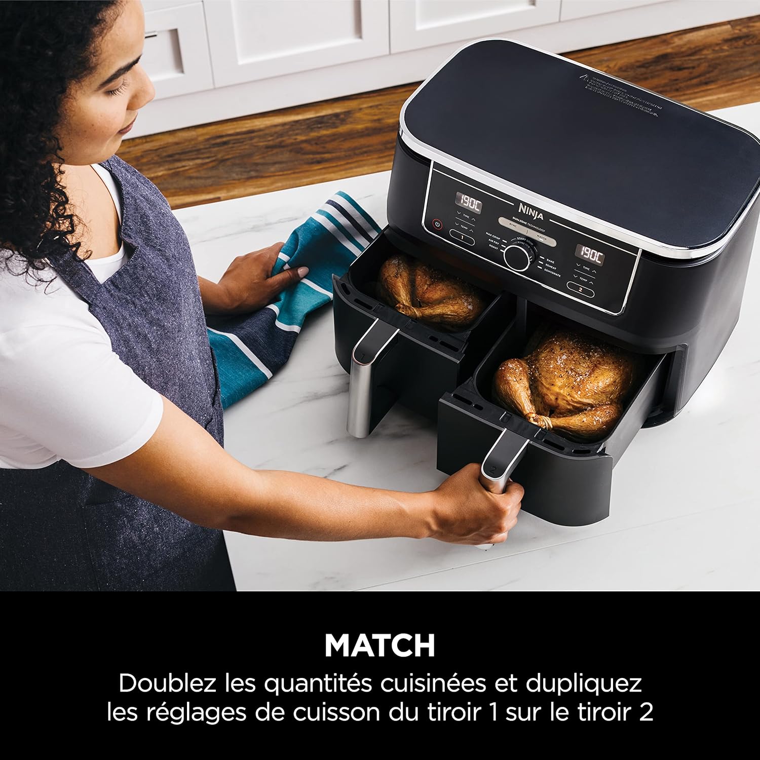 NINJA Foodi MAX Dual Zone Air Fryer, 2 Tiroirs, 9,5L, 6-en-1, Sans Huile, Air Fry, Croustillant Max, Rôtir, Cuire, Déshydrater, 8 Portions, Paniers Antiadhésifs Vont Au Lave-Vaisselle, Noir AF400EU