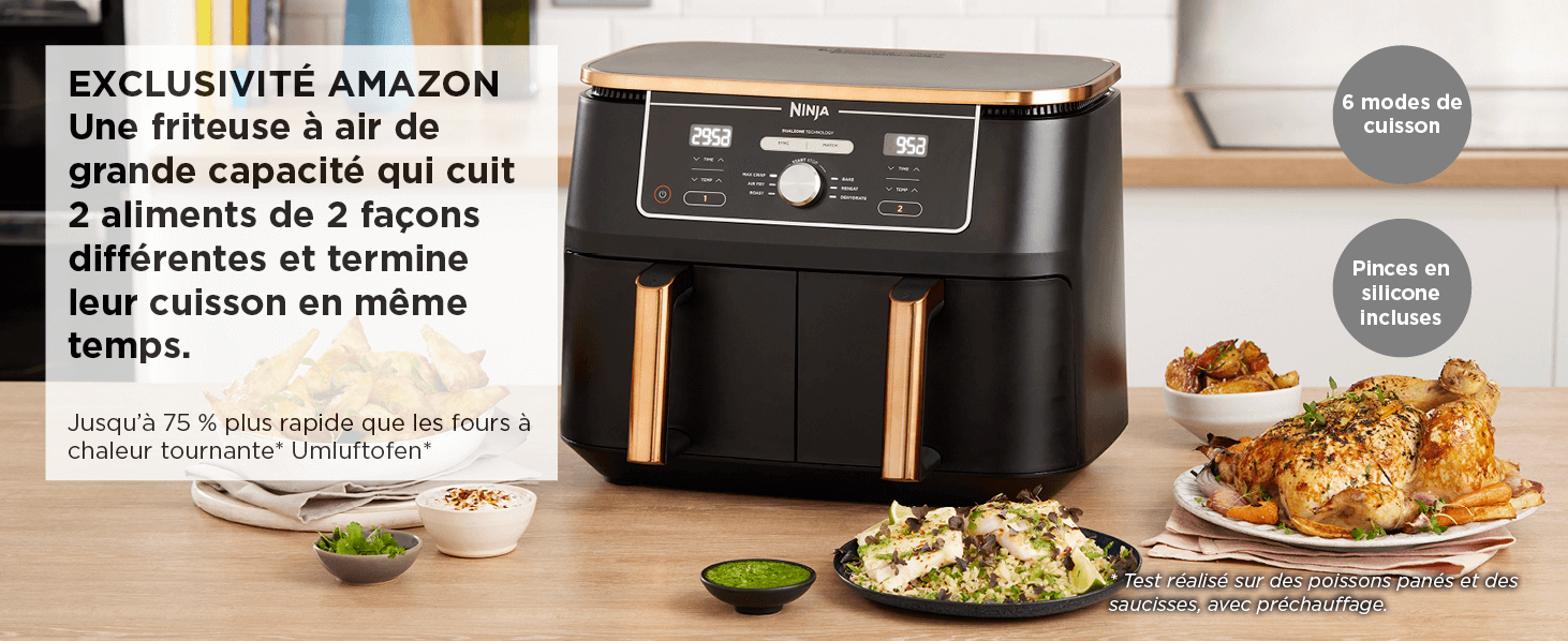 NINJA Foodi MAX Dual Zone Air Fryer, 2 Tiroirs, 9,5L, 6-en-1, Sans Huile, Air Fry, Max Crisp, Rôtir, Cuire, Paniers Anti-adhésifs Lavables Au Lave-Vaisselle, Cuivre/Noir